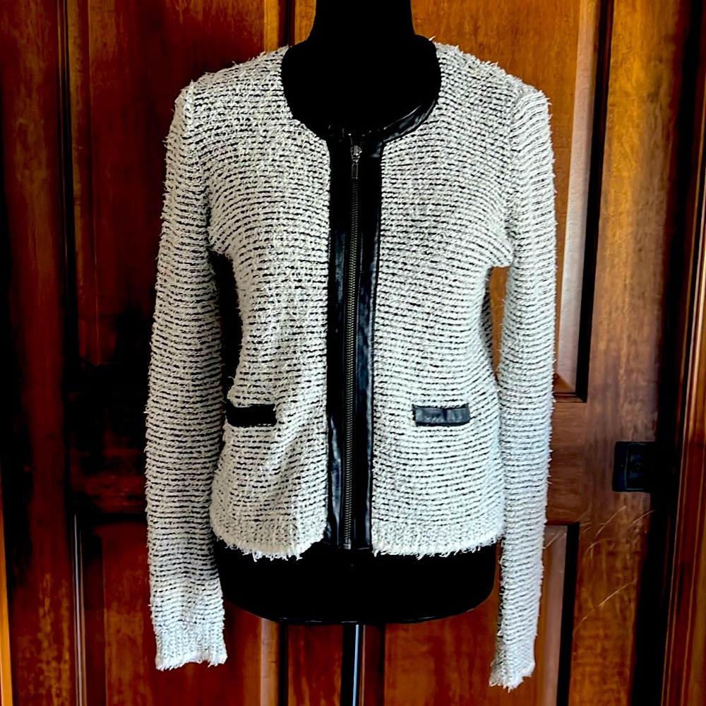 Joie Cardigan Zippered Jacket with black leather trim. Size Small.